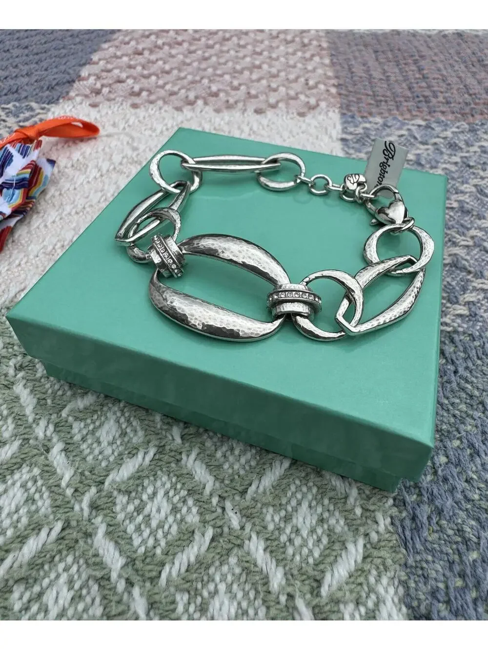 Brighton Silver-Tone Hammered Link Bracelet with Crystal Accents